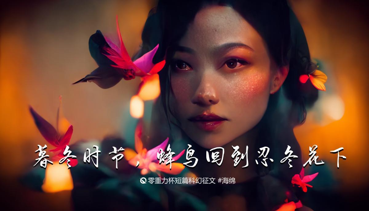海报由AI（Midjourney）绘制 | Prompts: hummingbird, honeysuckle flower, beautiful Chinese girl